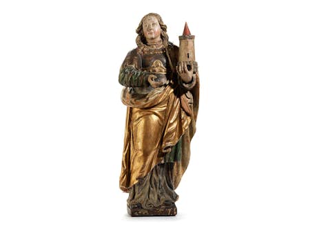 Hochbarocke Schnitzfigur der Heiligen Barbara